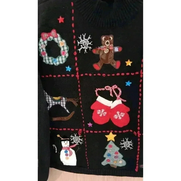 Karen Scott PL Black Christmas Collage Patchwork Christmas Sweater - Picture 5 of 8